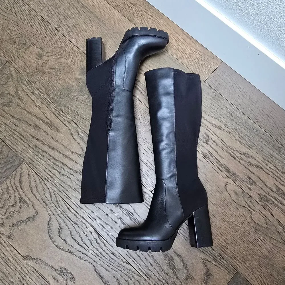 Charles David Gala Leather Tall Pointed Toe Lug Sole Block Heel Boot in Black